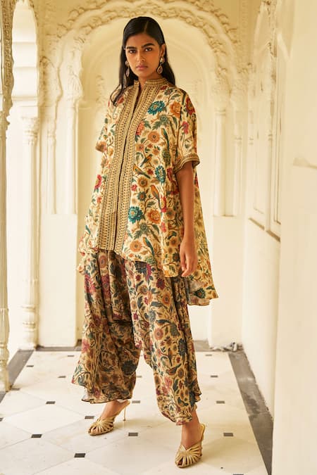 Buy_Dash And Dot_Beige Bemberg Embroidery, Metallic Thread Mandarin Collar Garden Print Tunic _Online_at_Aza_Fashions