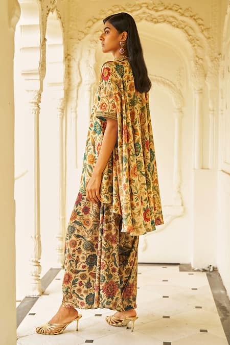 Shop_Dash And Dot_Beige Bemberg Embroidery, Metallic Thread Mandarin Collar Garden Print Tunic _Online_at_Aza_Fashions