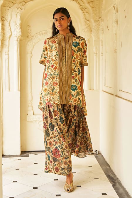Dash And Dot_Beige Bemberg Embroidery, Metallic Thread Mandarin Collar Garden Print Tunic _at_Aza_Fashions