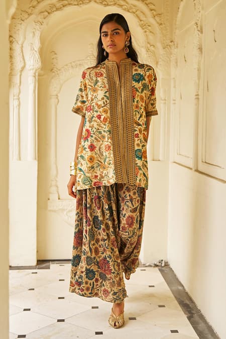 Dash And Dot_Multi Color Bemberg Embroidery, Metallic Thread Garden Print Tunic And Salwar Set _Online_at_Aza_Fashions