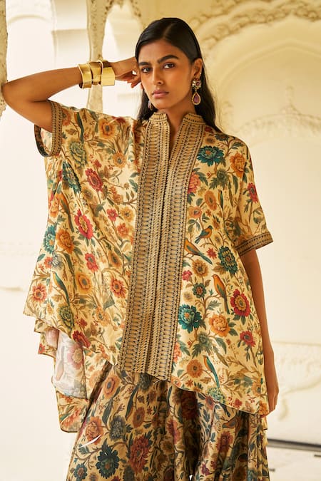 Shop_Dash And Dot_Multi Color Bemberg Embroidery, Metallic Thread Garden Print Tunic And Salwar Set _Online_at_Aza_Fashions