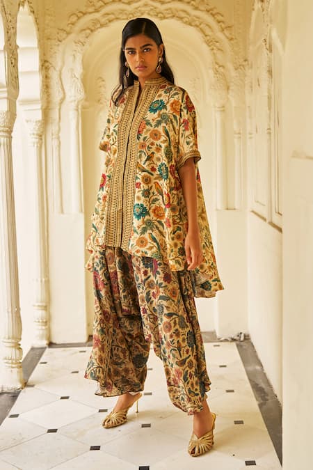 Dash And Dot_Multi Color Bemberg Embroidery, Metallic Thread Garden Print Tunic And Salwar Set _at_Aza_Fashions