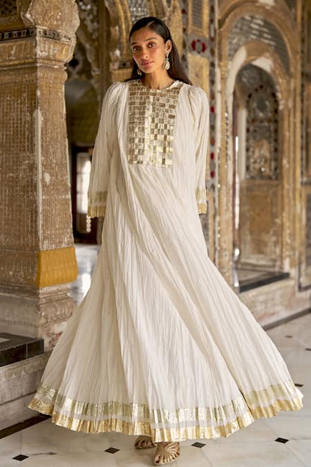 Dash And Dot_Ivory Polyester, Viscose Zari Round Neck Crushed Gota Weave Tunic _Online_at_Aza_Fashions