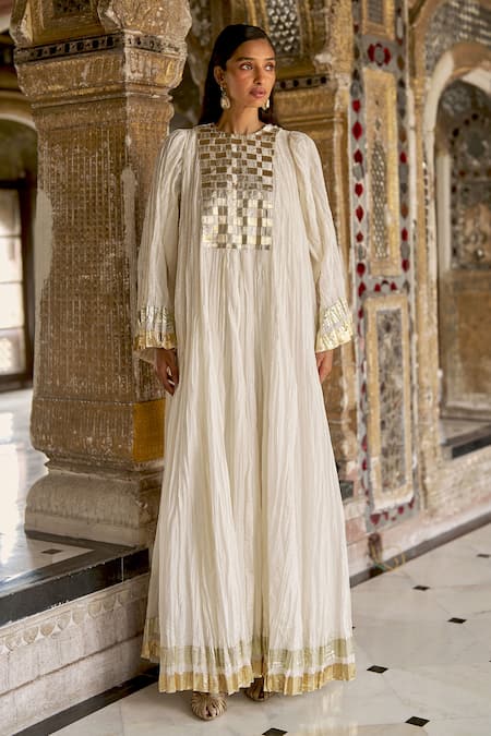 Shop_Dash And Dot_Ivory Polyester, Viscose Zari Round Neck Crushed Gota Weave Tunic _Online_at_Aza_Fashions