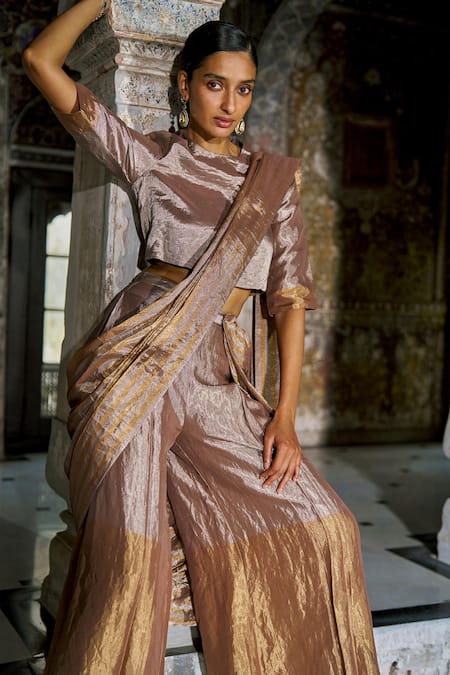 Buy Dash And Dot Gold Silk, Viscose Zari, Tassels Round Neck Banaras Tissue Top Online at Aza Fashions Buy_Dash And Dot_Gold Silk, Viscose Zari, Tassels Round Neck Banaras Tissue Top _Online_at_Aza_Fashions