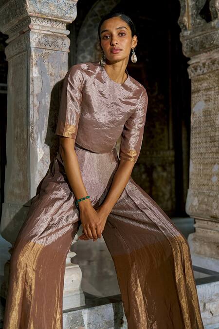 Shop Dash And Dot Gold Silk, Viscose Zari, Tassels Round Neck Banaras Tissue Top Online at Aza Fashions Shop_Dash And Dot_Gold Silk, Viscose Zari, Tassels Round Neck Banaras Tissue Top _Online_at_Aza_Fashions