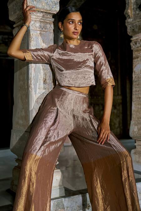 Buy_Dash And Dot_Beige Silk Round Neck Banaras Tissue Pant Set _Online_at_Aza_Fashions