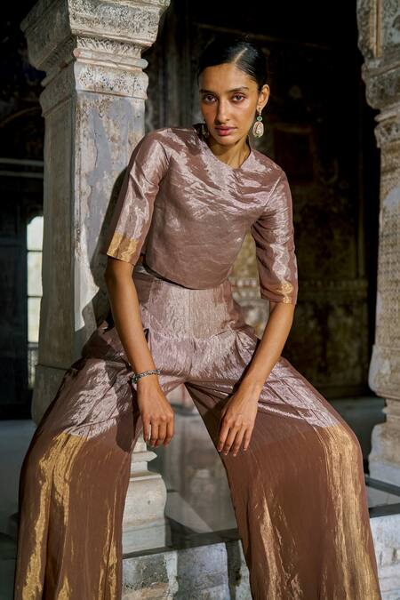 Shop_Dash And Dot_Beige Silk Round Neck Banaras Tissue Pant Set _Online_at_Aza_Fashions