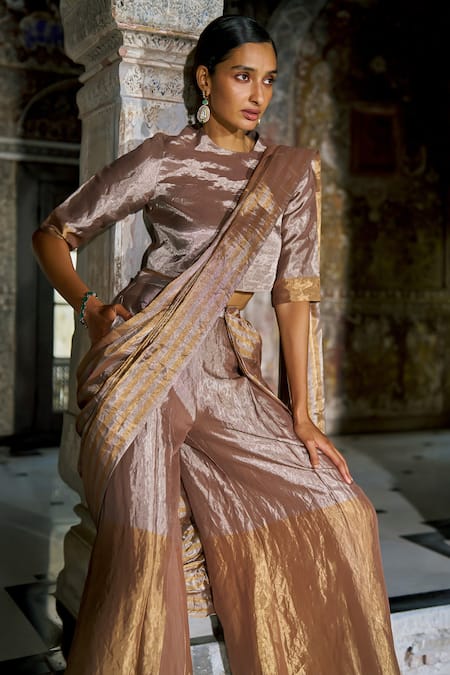 Buy Dash And Dot Beige Silk, Tissue Round Neck Banaras Drape Pant Set Online at Aza Fashions Buy_Dash And Dot_Beige Silk, Tissue Round Neck Banaras Drape Pant Set _Online_at_Aza_Fashions