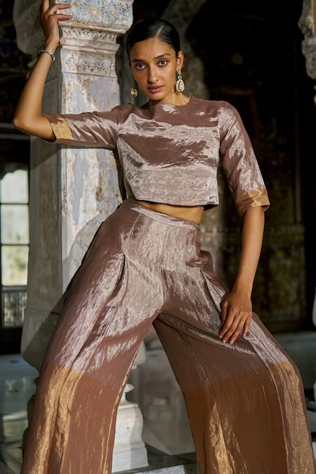 Shop Dash And Dot Beige Silk, Tissue Round Neck Banaras Drape Pant Set Online at Aza Fashions Shop_Dash And Dot_Beige Silk, Tissue Round Neck Banaras Drape Pant Set _Online_at_Aza_Fashions