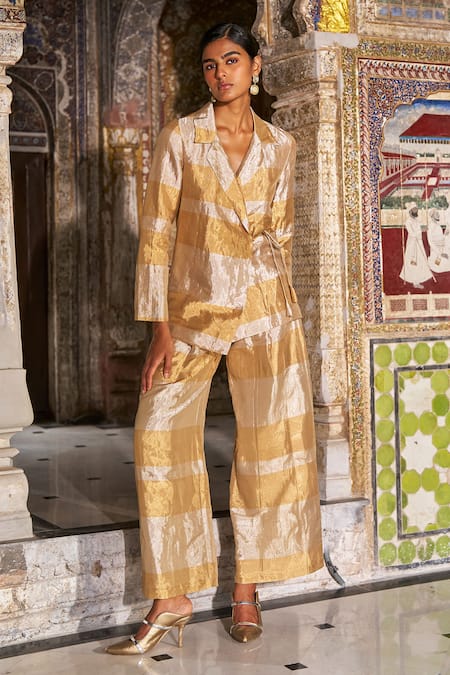 Buy_Dash And Dot_Gold Tissue, Silk Banaras Pant Set _Online_at_Aza_Fashions