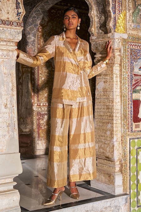 Dash And Dot_Gold Tissue, Silk Banaras Pant Set _at_Aza_Fashions