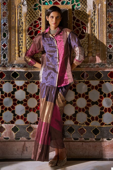 Dash And Dot_Multi Color Silk, Tissue Collared Striped Banaras Shirt _Online_at_Aza_Fashions