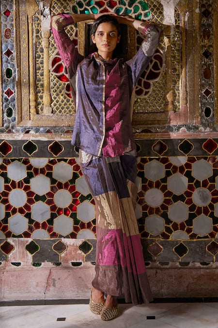 Dash And Dot_Multi Color Silk, Tissue Collared Striped Banaras Shirt _at_Aza_Fashions