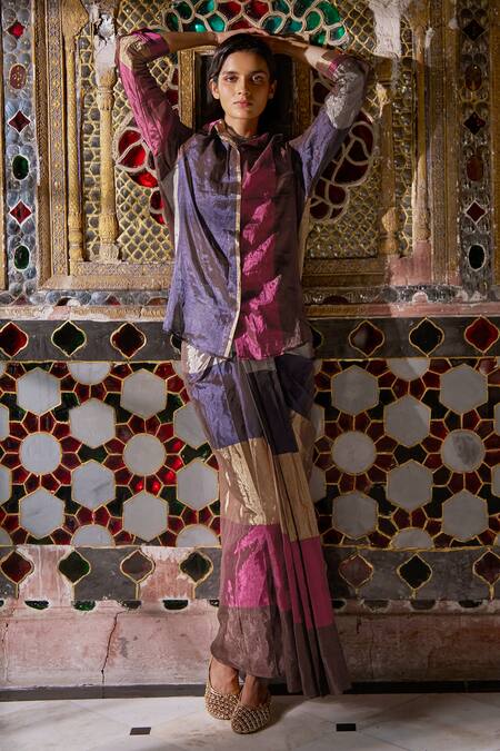 Dash And Dot Brown Silk, Polyester Striped Banaras Tissue Skirt Online at Aza Fashions Dash And Dot_Brown Silk, Polyester Striped Banaras Tissue Skirt _Online_at_Aza_Fashions