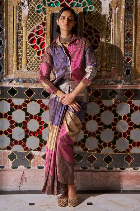 Buy Dash And Dot Brown Silk, Polyester Striped Banaras Tissue Skirt Online at Aza Fashions Buy_Dash And Dot_Brown Silk, Polyester Striped Banaras Tissue Skirt _Online_at_Aza_Fashions