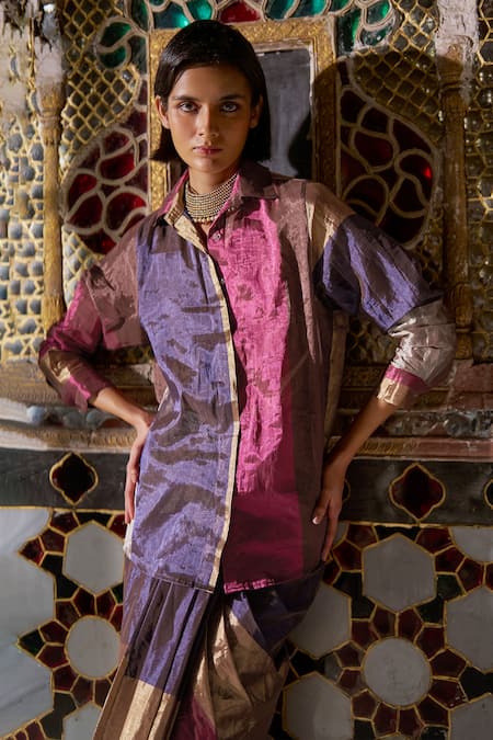 Dash And Dot_Multi Color Tissue, Silk Ruffles Collared Striped Banaras Skirt Set _Online_at_Aza_Fashions