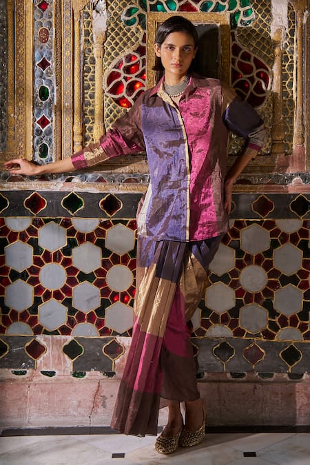 Buy_Dash And Dot_Multi Color Tissue, Silk Ruffles Collared Striped Banaras Skirt Set _Online_at_Aza_Fashions