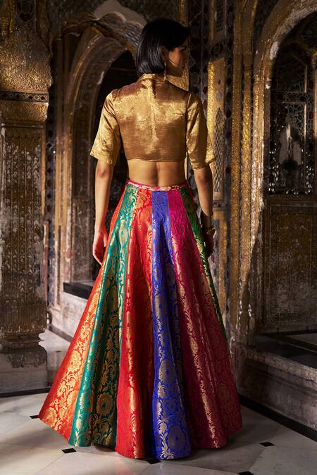 Dash And Dot_Gold Silk Mandarin Collar Banaras Tissue Cropped Zip Shirt _Online_at_Aza_Fashions