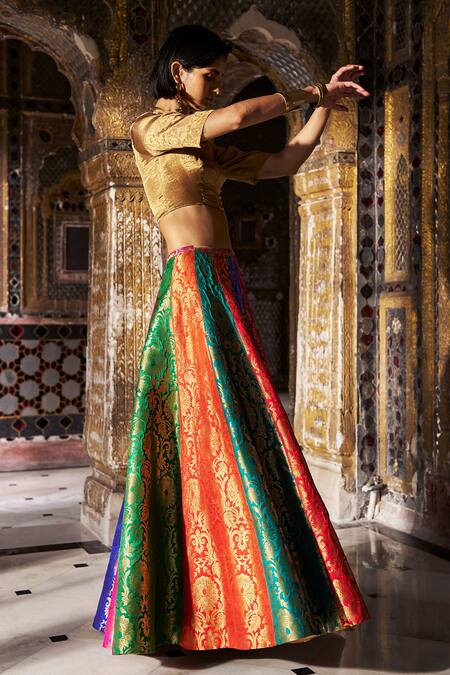 Dash And Dot_Gold Silk Mandarin Collar Banaras Tissue Cropped Zip Shirt _at_Aza_Fashions