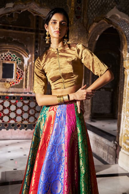 Dash And Dot Banaras Tissue Cropped Zip Shirt 