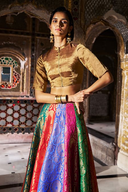 Dash And Dot Banaras Tissue Cropped Zip Shirt 