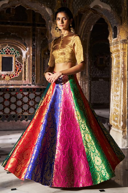 Buy_Dash And Dot_Multi Color Brocade, Lurex Metallic Thread, Banaras Multicolour Flared Skirt _Online_at_Aza_Fashions