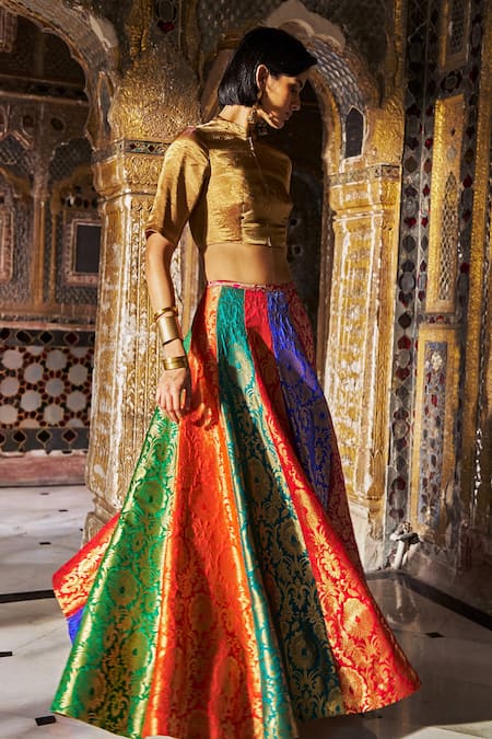 Shop_Dash And Dot_Multi Color Brocade, Lurex Metallic Thread, Banaras Multicolour Flared Skirt _Online_at_Aza_Fashions