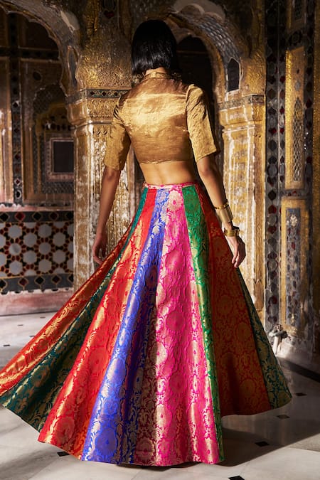 Dash And Dot_Multi Color Brocade, Lurex Metallic Thread, Banaras Multicolour Flared Skirt _at_Aza_Fashions