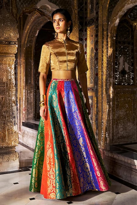 Buy_Dash And Dot_Multi Color Brocade, Lurex Metallic Thread, Banaras Multicolour Flared Skirt 