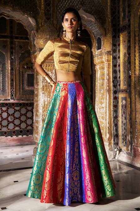 Dash And Dot Banaras Brocade Multicolour Flared Skirt 