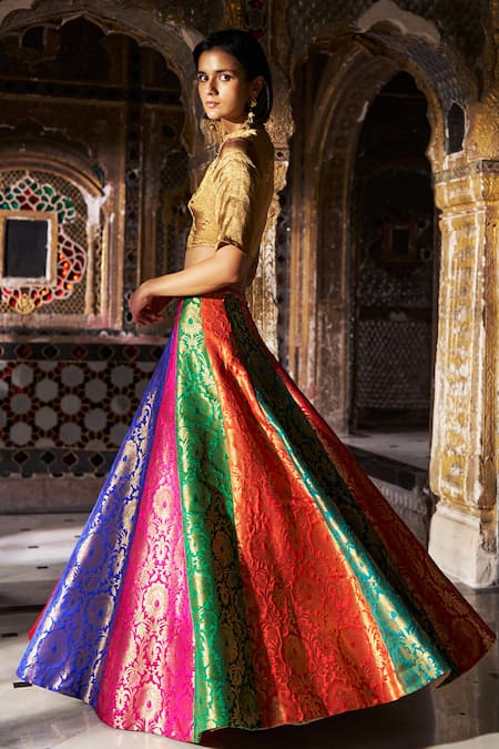 Dash And Dot_Gold Silk, Polyester, Lurex Embroidery, Banaras Multicolour Flared Skirt Set _Online_at_Aza_Fashions