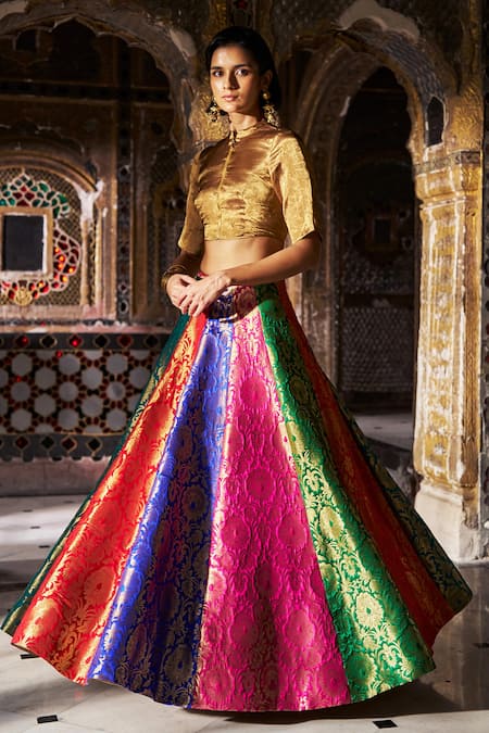 Buy_Dash And Dot_Gold Silk, Polyester, Lurex Embroidery, Banaras Multicolour Flared Skirt Set _Online_at_Aza_Fashions