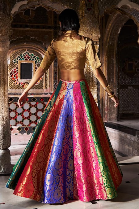 Shop_Dash And Dot_Gold Silk, Polyester, Lurex Embroidery, Banaras Multicolour Flared Skirt Set _Online_at_Aza_Fashions