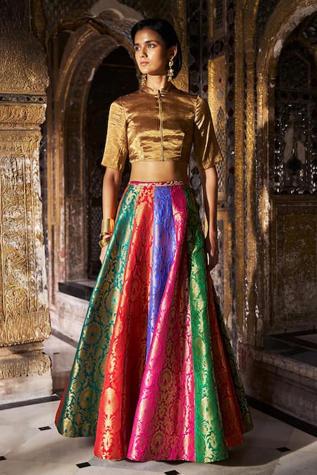 Dash And Dot_Gold Silk, Polyester, Lurex Embroidery, Banaras Multicolour Flared Skirt Set _at_Aza_Fashions