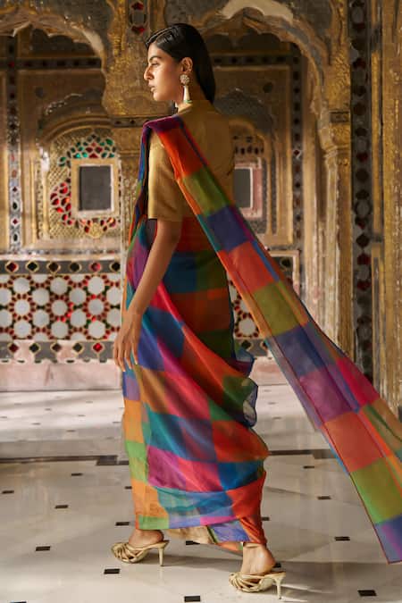 Dash And Dot_Multi Color Organza, Polyester Check Pre-draped Saree _Online_at_Aza_Fashions