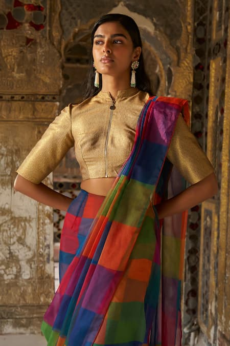 Shop Dash And Dot Gold Cotton, Polyester, Lurex Mandarin Multicolour Check Sari Drape Skirt Set Online at Aza Fashions Shop_Dash And Dot_Gold Cotton, Polyester, Lurex Mandarin Multicolour Check Sari Drape Skirt Set _Online_at_Aza_Fashions