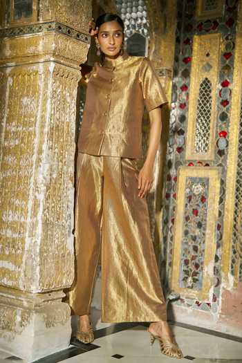 Shop_Dash And Dot_Gold Brocade Banaras Pant _Online_at_Aza_Fashions