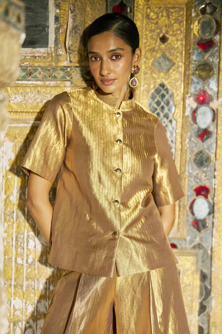 Buy Dash And Dot Gold Mandarin Collar Banaras Brocade Pant Set Buy_Dash And Dot_Gold Mandarin Collar Banaras Brocade Pant Set
