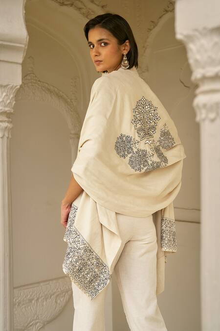 Dash And Dot_Beige Motif Shawl _Online_at_Aza_Fashions