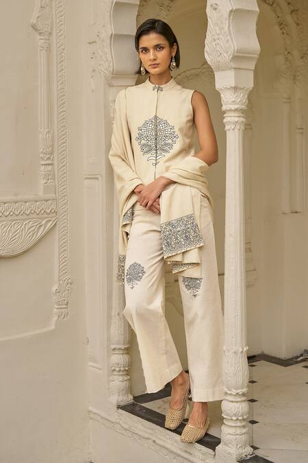 Shop_Dash And Dot_Beige Motif Shawl _Online_at_Aza_Fashions