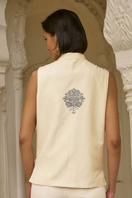 Dash And Dot_Beige Viscose, Linen Embroidery Mandarin Collar Motif Pant Set _Online_at_Aza_Fashions