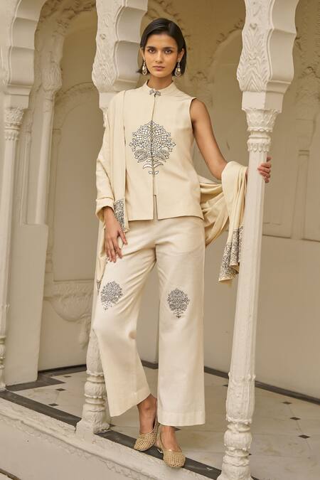 Buy_Dash And Dot_Beige Viscose, Linen Embroidery Mandarin Collar Motif Pant Set _Online_at_Aza_Fashions