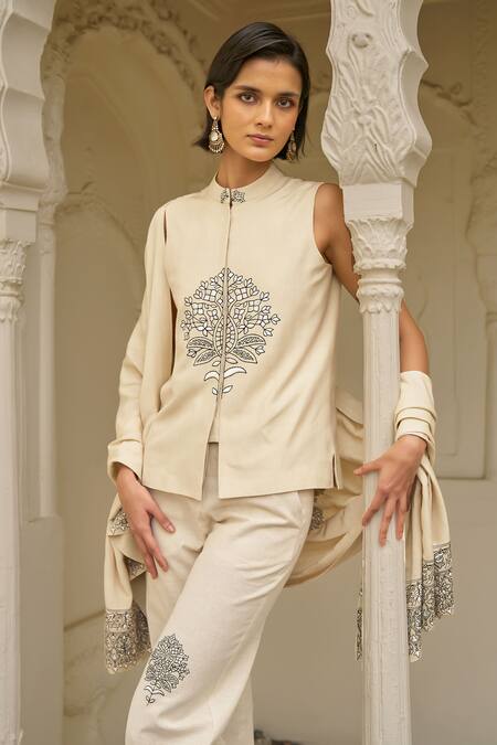 Shop_Dash And Dot_Beige Viscose, Linen Embroidery Mandarin Collar Motif Pant Set _Online_at_Aza_Fashions