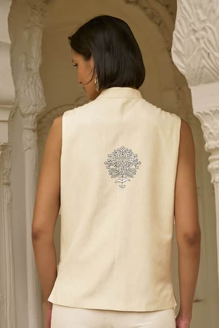 Shop Dash And Dot Beige Viscose, Linen Embroidery Mandarin Collar Motif Pant Set With Shawl Online at Aza Fashions Shop_Dash And Dot_Beige Viscose, Linen Embroidery Mandarin Collar Motif Pant Set With Shawl _Online_at_Aza_Fashions