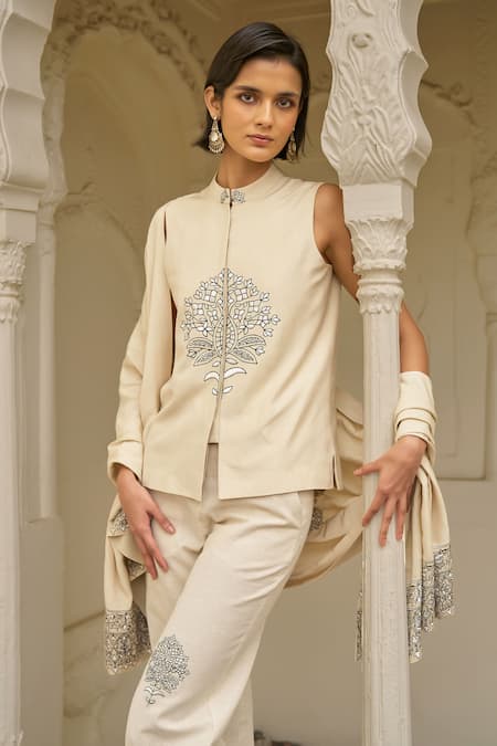 Dash And Dot Beige Viscose, Linen Embroidery Mandarin Collar Motif Pant Set With Shawl at Aza Fashions Dash And Dot_Beige Viscose, Linen Embroidery Mandarin Collar Motif Pant Set With Shawl _at_Aza_Fashions