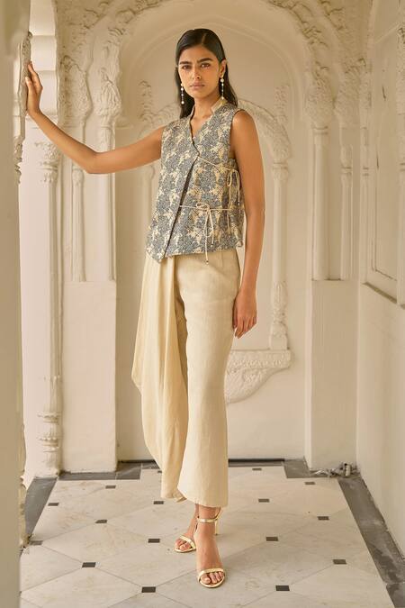 Shop_Dash And Dot_Beige Cotton, Linen Asymmetrical Pant _Online_at_Aza_Fashions