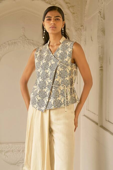 Dash And Dot_Beige Cotton, Linen Asymmetrical Pant _at_Aza_Fashions