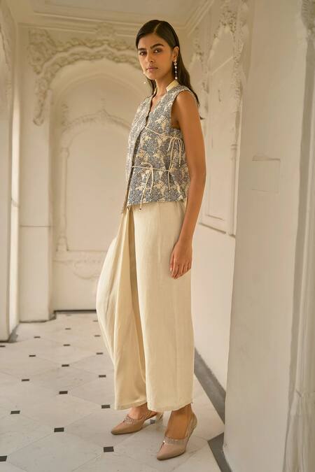 Dash And Dot_Beige Viscose, Linen, Cotton Embroidery Mandarin Collar, V-neck Waistcoat Set _Online_at_Aza_Fashions