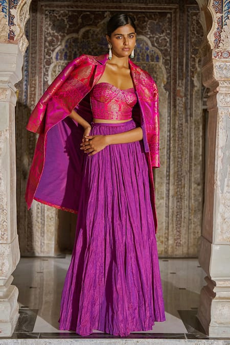 Buy Dash And Dot Fuchsia Metallic Thread Collared Banaras Silk Brocade Longline Jacket Online at Aza Fashions Buy_Dash And Dot_Fuchsia Metallic Thread Collared Banaras Silk Brocade Longline Jacket _Online_at_Aza_Fashions